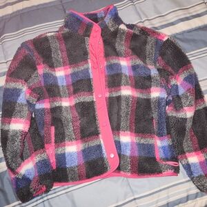 Fabletics Pink Plaid Fleece Teddy Jacket